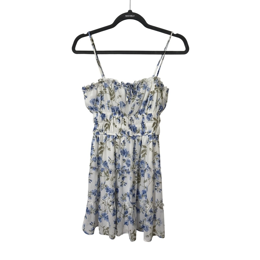 Altar'd State Blue White Floral Smocked Tiered Ruffle Mini Dress Small